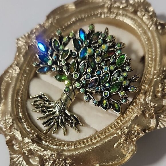 Gold Tree Brooch with Green and Blue Accents - Picture 2 of 4